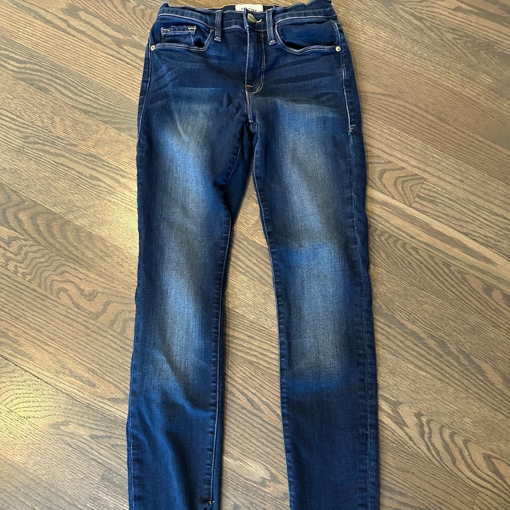 Frame Skinny Columbia Road Blue Jean 25 x 27 with 8.5” rise Slit Raw Bottom